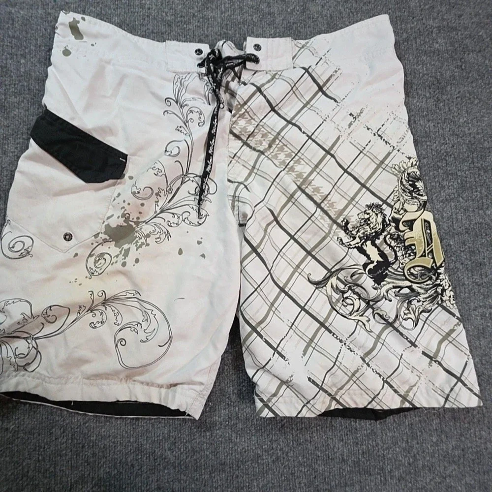 Maui And Sons Board Shorts Mens 34 White Plaid Surf Swim Quick Dry Lined Logo
